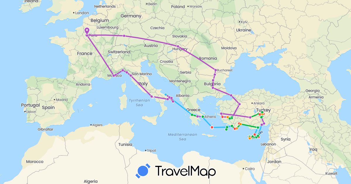 TravelMap itinerary: driving, bus, plane, cycling, train, hiking, boat, hitchhiking in Bulgaria, Cyprus, Germany, France, Greece, Hungary, Italy, Romania, Turkey (Asia, Europe)