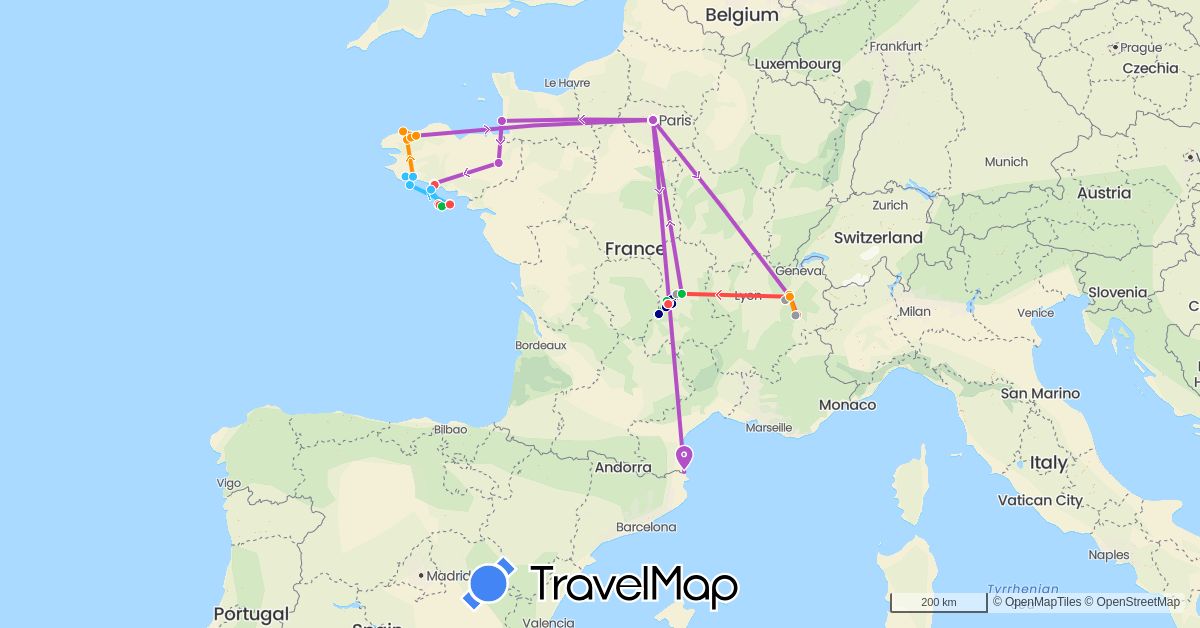 TravelMap itinerary: driving, bus, plane, train, hiking, boat, hitchhiking in France (Europe)